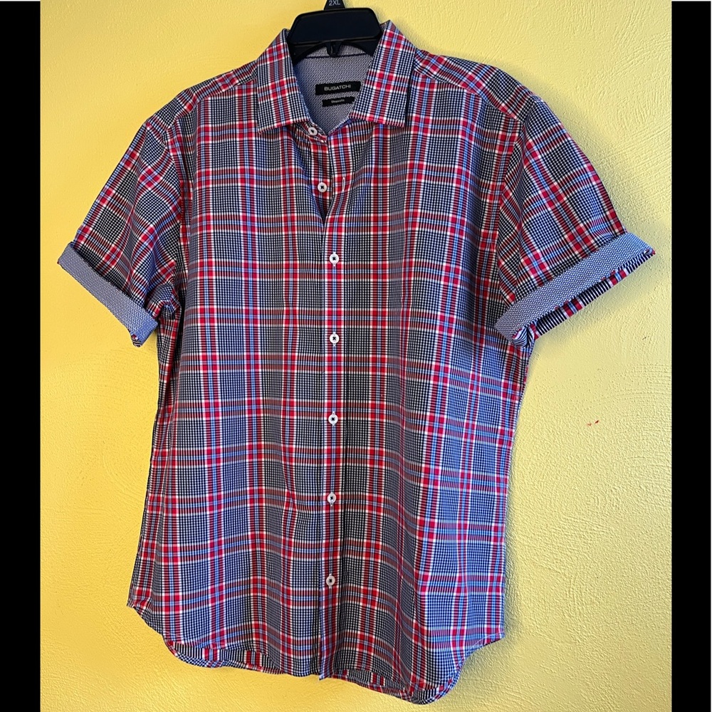 Bugatchi Short-Sleeve Plaid Shirt - Red & Blue